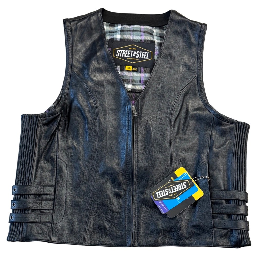 NWT Street & Steel Wmns Black Leather Motorcycle Vest‎ Plaid Lining XL Bikercore